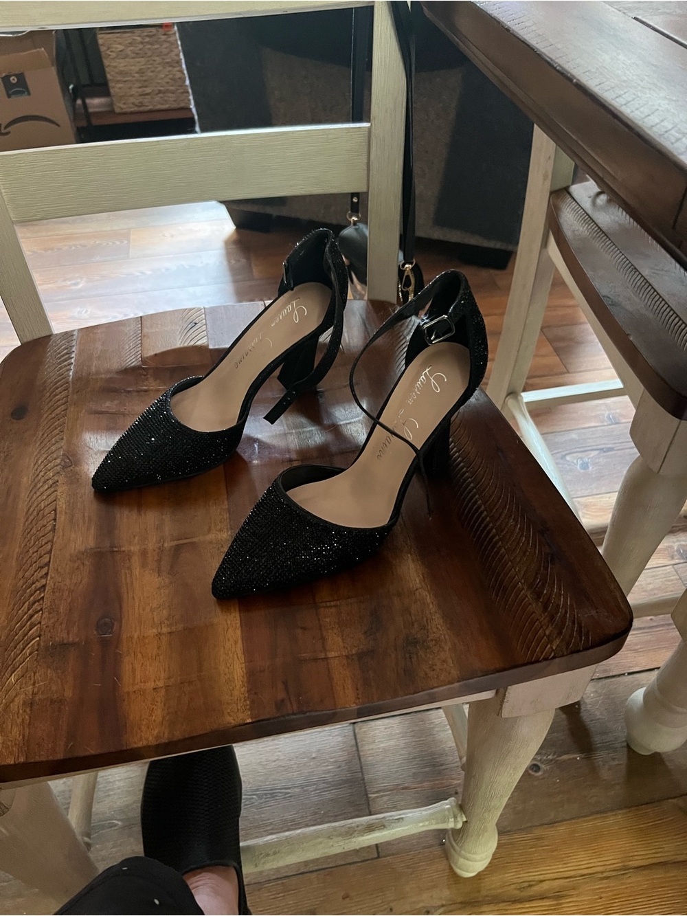 Lauren Lorraine Black Glitter Pointed-Toe Ankle-Strap Heels